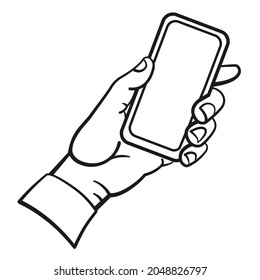 Illustration of the hand holding the smartphone in a black and white color