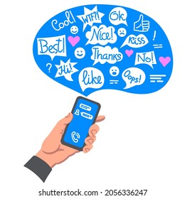 Illustration of the hand holding the smartphone and communication chats