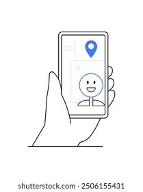 Illustration of a hand holding a smartphone displaying a smiling face icon and a location pin on a map. Represents navigation, user interaction, and digital mapping in a modern, clean design