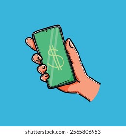 An illustration of a hand holding a smartphone displaying a dollar symbol on its screen, conveying concepts of online money, mobile apps, and finance.