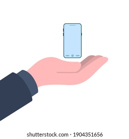 Illustration of hand holding smartphone isolated on white background. Vector in flat style.