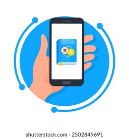 Illustration of a hand holding a smartphone with a language translator app open, symbolizing the ease of global communication and learning