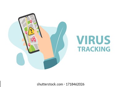 illustration of hand holding a smartphone and opening a location tracking application for people infected with the corona virus. Corona virus outbreak information application. flat design.
