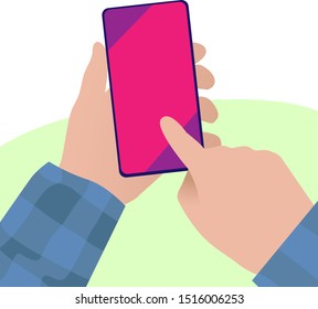 Illustration of hand holding a smartphone and other hand swiping the touchscreen.