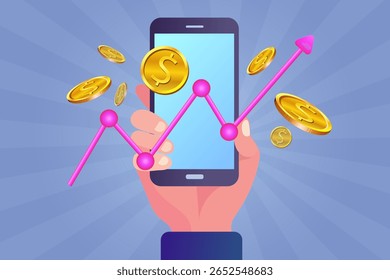 Ilustração de uma mão segurando um smartphone cercado por dinheiro e símbolos digitais, representando serviços bancários móveis, finanças on-line e e-commerce. Vetor, ilustração e desenho plano,