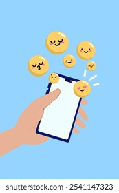 Illustration of a hand holding a smartphone with various floating emojis, symbolizing reactions, emotions, and social media engagement. 