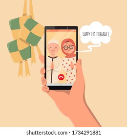 Illustration Of A Hand Holding A Smartphone To Video Call Grandparents To Celebrate Eid Mubarak Online Because Of Covid19. Flat Style Vector.