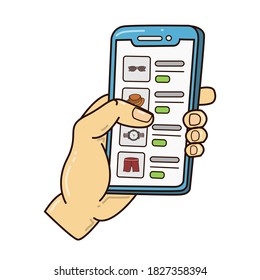 Illustration of a hand holding a smartphone while selecting items while shopping online in an e-commerce application