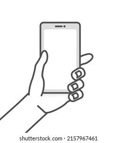 Illustration of a hand holding a smartphone. White background.