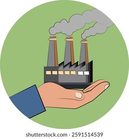 Illustration of hand holding smoking factory. Concept for industrial pollution and environmental damage