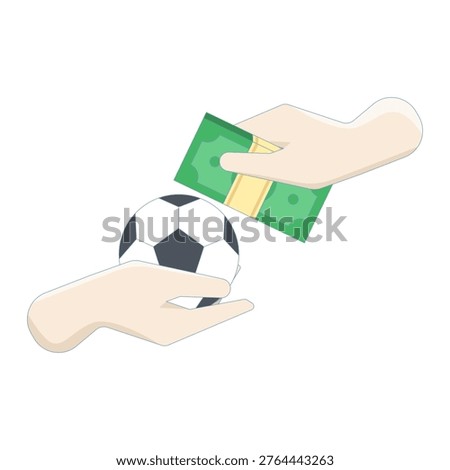 Illustration of hand holding a soccer ball and cash, representing unfair betting, match-fixing, bribery, sports corruption, and illegal manipulation of soccer tournaments.