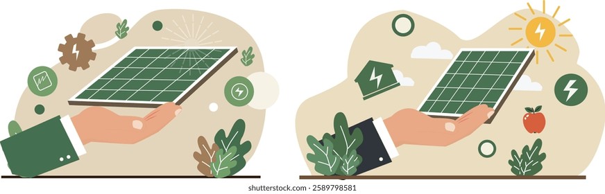 Illustration of a hand holding a solar panel, surrounded by eco-friendly symbols, representing renewable energy, green technology, sustainability, clean power, and environmental conservation