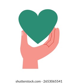 An illustration of a hand holding a solid green heart.