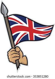 Illustration of an hand holding a spear with a waving British flag. White background. Patriotic concept.