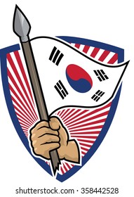 Illustration of an hand holding a spear with a waving (South) Korean flag. Shield in the background.