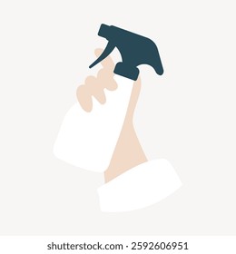 Illustration of a hand holding a spray bottle. The spray bottle is white with a dark nozzle. The hand is shown in a minimalist style on a light background. Vector illustration.