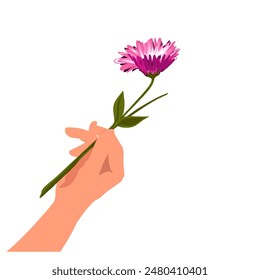 illustration of a hand holding a sprig of pink flowers blooming without a background