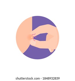 illustration of a hand holding and squeezing a boil or pimple on the skin or face. flat style. design element and icon