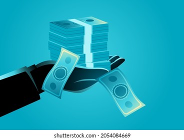 Illustration of a hand holding stack of money, bribery, salary, buying concept