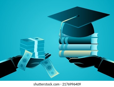 Illustration of a hand holding stack of money and hand holding graduation toga hat and books, expensive education, tuition fees