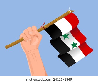 Illustration of a hand holding the Syria flag. Hand carrying the Syria flag illustration isolated on blue background. Syria flag in hand icon.