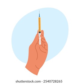 Illustration of hand holding a syringe for an injection. Vaccination concept vector