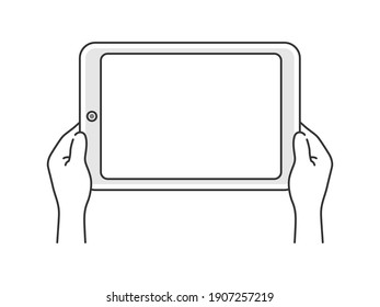 Illustration of a hand holding a tablet PC with both hands.