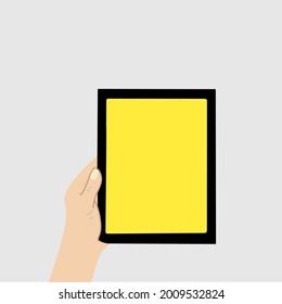 illustration of a hand holding a tablet pc isolated on a white background a yellow color screen.  concept of person's hand holding a tablet
