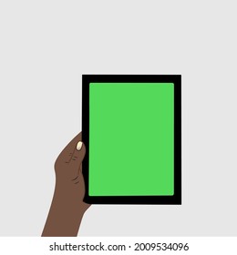 illustration of hand holding tablet pc isolated on white background green color screen.  concept of person's hand holding a tablet