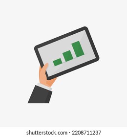illustration of a hand holding a tablet showing an increase graph report