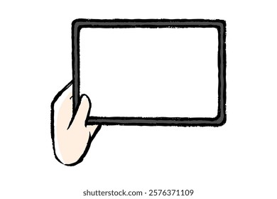 Illustration of a hand holding a tablet with a touch of brush