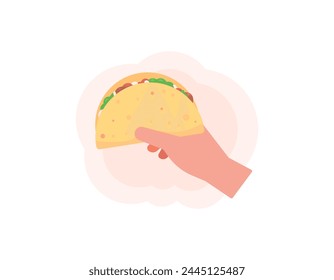 illustration of a hand holding a taco. eat tacos. Tortillas filled with vegetables and meat. typical Mexican food. flat or cartoon style illustration design. graphic elements. vector