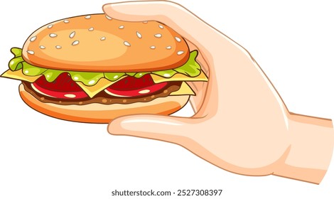 Ilustración de una mano sosteniendo una hamburguesa sabrosa