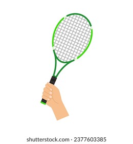 Ilustración de la mano sosteniendo raqueta de tenis en estilo plano. Vector.