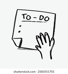 Illustration of a hand holding a to-do list. The to-do list is blank, with a hand sketch. Simple black and white to-do list drawing with a hand. Fun doodle illustration vector.