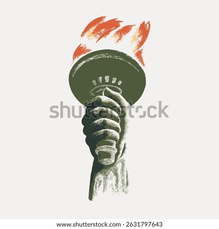 Illustration of a hand holding a torch with a flame. The torch symbolizes freedom and strength. The flame and torch are central to the design. Vintage art illustration vector.