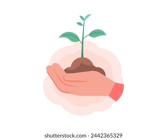 illustration of a hand holding a tree seed. movement to plant crops and preserve the environment. planting young shoots or plant seeds. symbol or sign. flat style illustration design. graphic elements