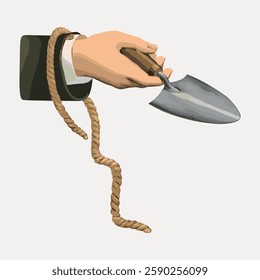 Illustration of a hand holding a trowel, with a rope wrapped around the wrist. The hand grips the trowel firmly, while the rope hangs loosely. Vintage art illustration, vector.