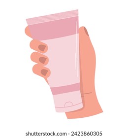 Illustration of a hand holding a tube of cream. Flat vector illustration in cartoon style. Beauty and fashion, personal care, beauty salons, online stores.