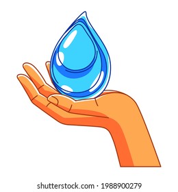 Illustration of hand holding water drop. Ecology concept for environment protection.