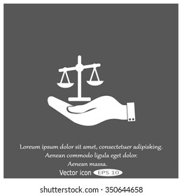 Illustration of a hand holding weighing scale scales of justice