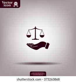 Illustration of a hand holding weighing scale scales of justice