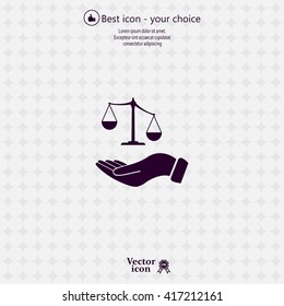 Illustration of a hand holding weighing scale scales of justice