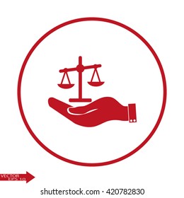 Illustration of a hand holding weighing scale scales of justice