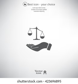 Illustration of a hand holding weighing scale scales of justice