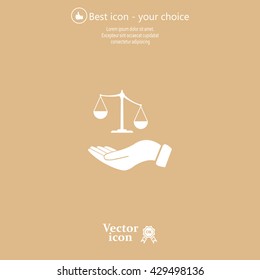 Illustration of a hand holding weighing scale scales of justice