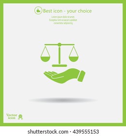 Illustration of a hand holding weighing scale scales of justice