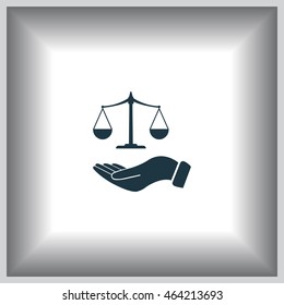 Illustration of a hand holding weighing scale scales of justice