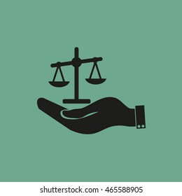 Illustration of a hand holding weighing scale scales of justice