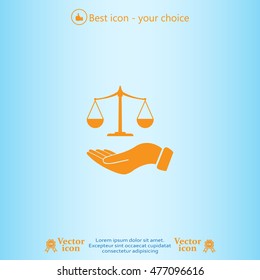 Illustration of a hand holding weighing scale scales of justice
